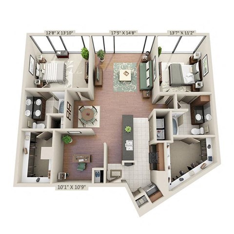 a 3d drawing of a floor plan with an apartment